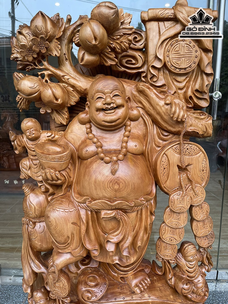 Tượng Di Lặc Gánh Đào Gỗ Ngọc Am Cao 102 Rộng 52 Sâu 17 (cm)2