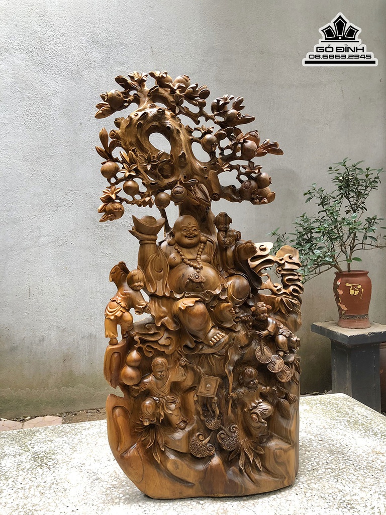 Tượng Di Lặc Ngũ Phúc Gỗ Bách Xanh Cao 86 Ngang 50 Sâu 25 (cm)