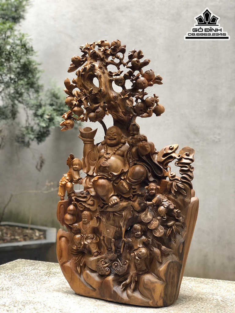 Tượng Di Lặc Ngũ Phúc Gỗ Bách Xanh Cao 86 Ngang 50 Sâu 25 (cm)