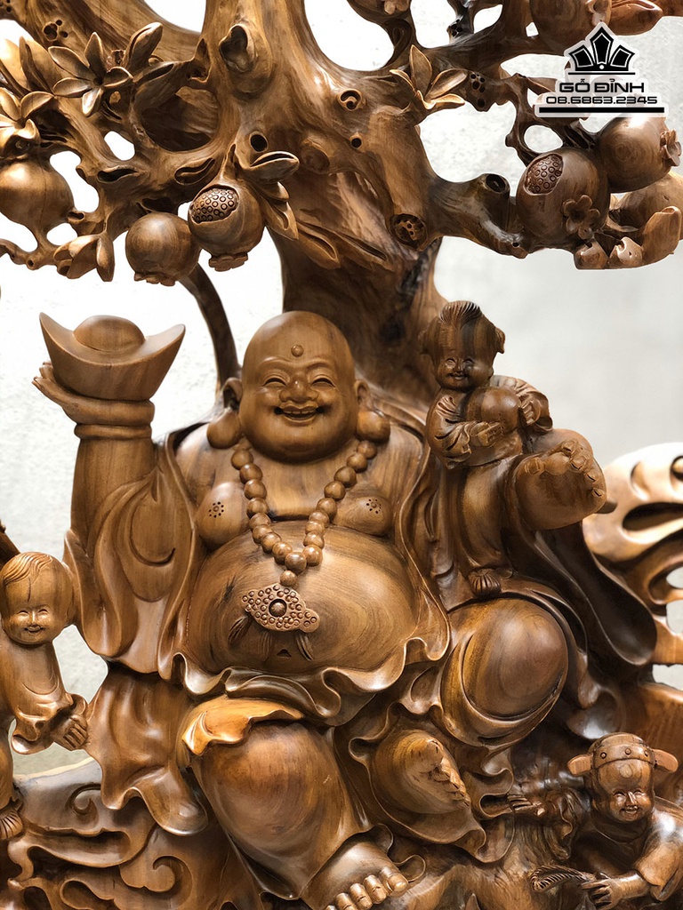 Tượng Di Lặc Ngũ Phúc Gỗ Bách Xanh Cao 86 Ngang 50 Sâu 25 (cm)