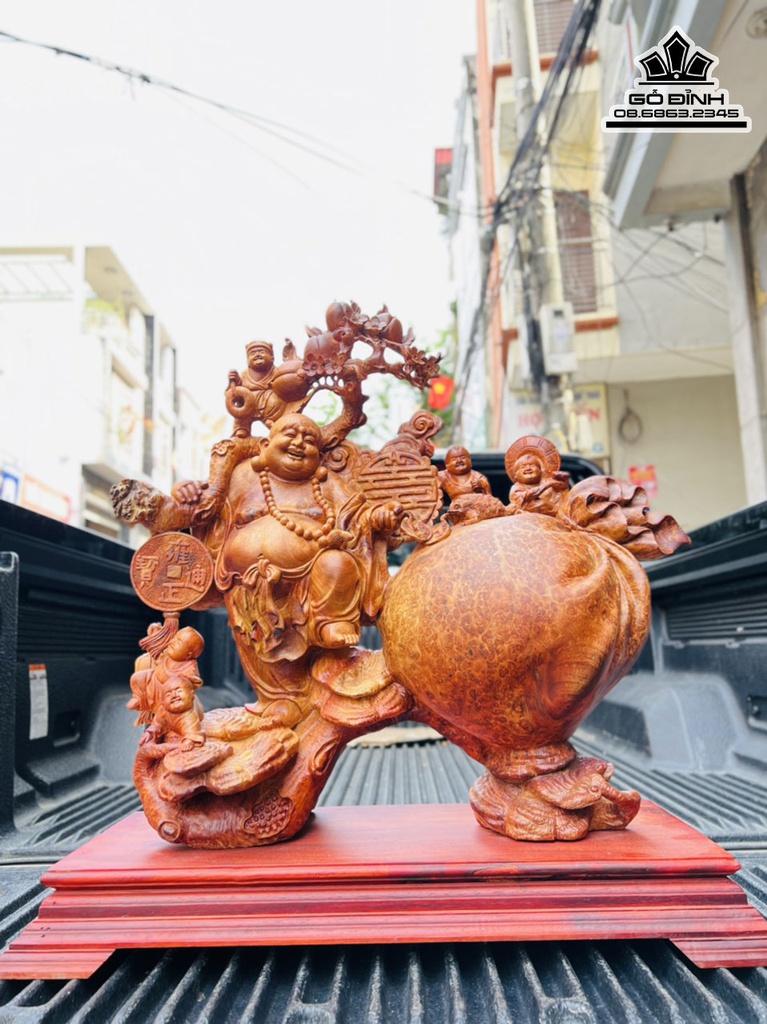 Tượng Di Lặc Ngũ Phúc Đứng Gánh Đào Gỗ Nu Hương Cao 71 Ngang 63 Sâu 23 (cm) 8