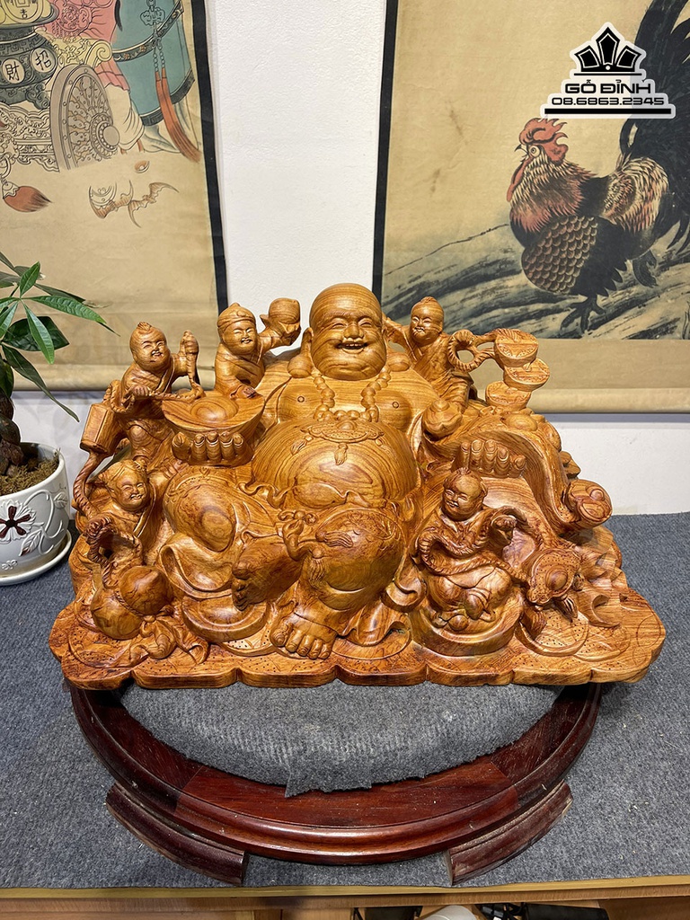 Tượng Phật Di Lặc Ngũ Phúc Gỗ Hương Cao 26 Ngang 50 Sâu 26 (cm)2