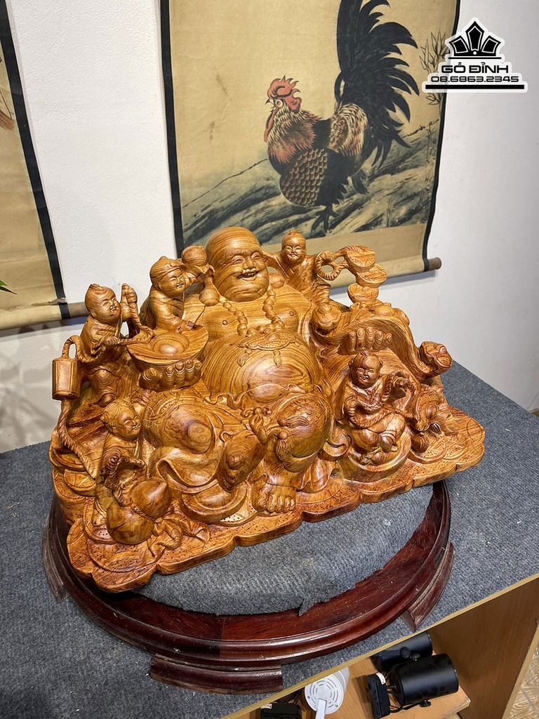 Tượng Phật Di Lặc Ngũ Phúc Gỗ Hương Cao 26 Ngang 50 Sâu 26 (cm)