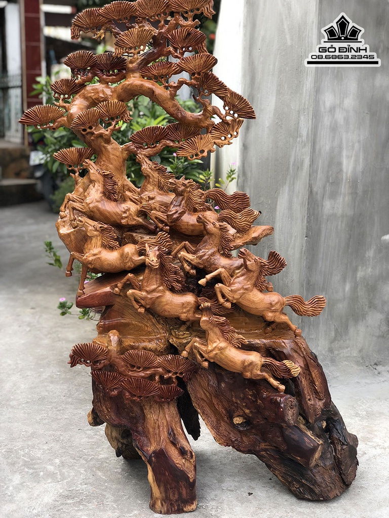 Tượng Ngựa Phong Thủy Bát Mã Gỗ Hương Việt Cao 129 Ngang 66 Sâu 55 (cm)