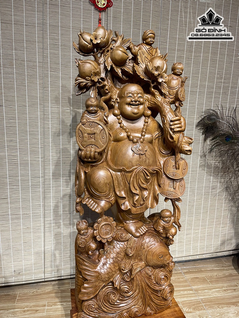Tượng Phật Di Lặc Ngũ Phúc Gỗ Ngọc Am Cao Cả Kỷ 118 Ngang 40 Sâu 18 (cm)
