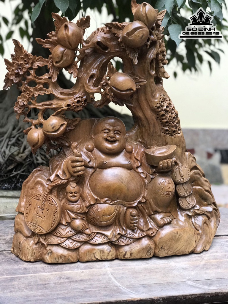 Tượng Phật Di Lặc Ngồi Gốc Đào Gỗ Xá Xị ( Gù Hương ) Cao 56 Ngang 50 Sâu 25 (cm)4