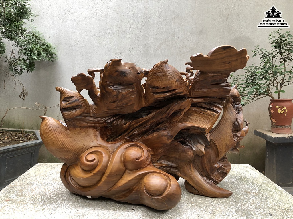 Tượng Phật Di Lặc Tam Phúc Gỗ Bách Xanh Cao 60 Ngang 90 Sâu 50 (cm) 0