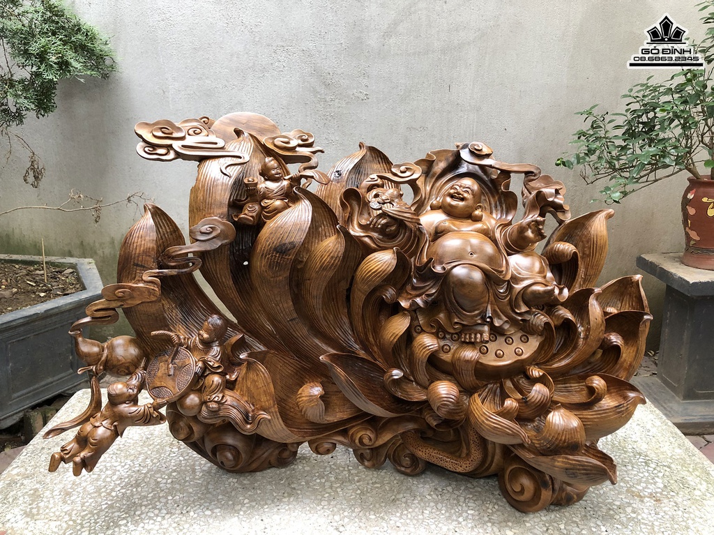 Tượng Phật Di Lặc Tam Phúc Gỗ Bách Xanh Cao 60 Ngang 90 Sâu 50 (cm)1