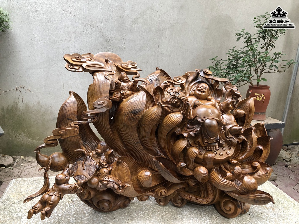 Tượng Phật Di Lặc Tam Phúc Gỗ Bách Xanh Cao 60 Ngang 90 Sâu 50 (cm)