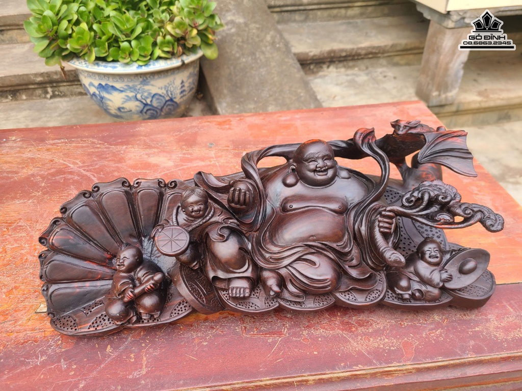 Tượng Phật Di Lặc Tam Phúc Gỗ Trắc Cao 13 Ngang 41 Sâu 17 (cm) 2