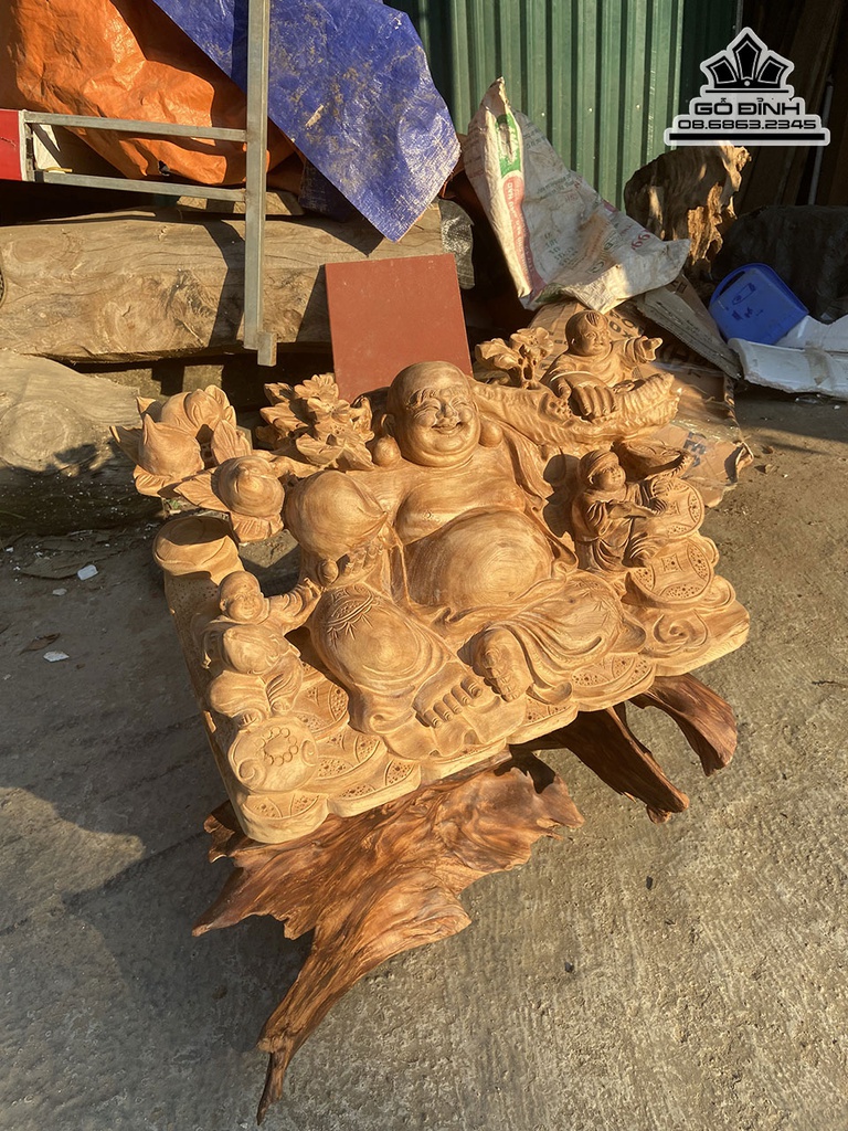 Tượng Phật Di Lặc Gỗ Ngọc Am Tam Phúc Cao 31 Ngang 52 Sâu 24 (cm) 1