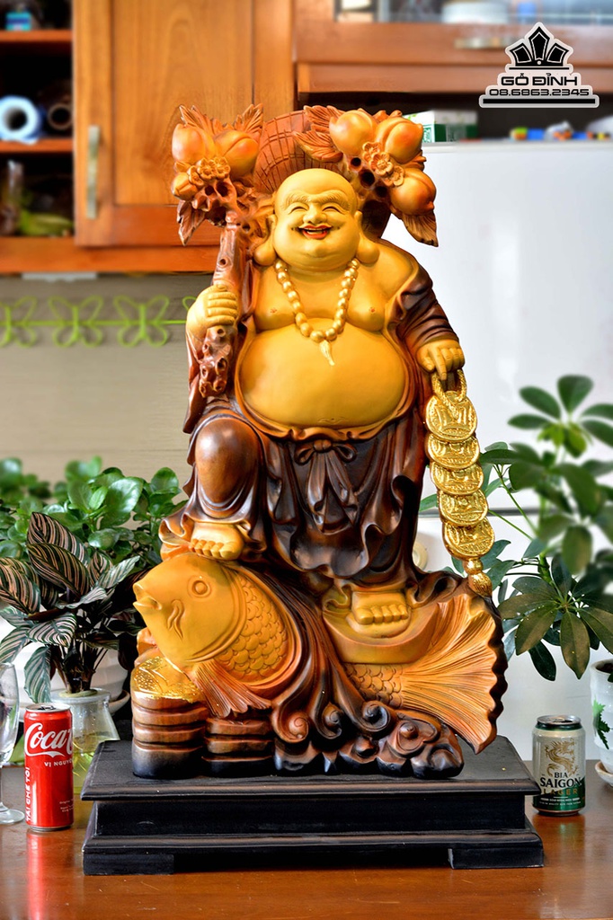 Tượng Phật Di Lặc Vác Cành Đào Gỗ Xá Xị (Gù Hương) Cao 86 Ngang 41 Sâu 26 (cm) 1