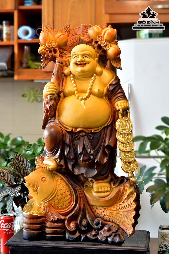 Tượng Phật Di Lặc Vác Cành Đào Gỗ Xá Xị (Gù Hương) Cao 86 Ngang 41 Sâu 26 (cm)2