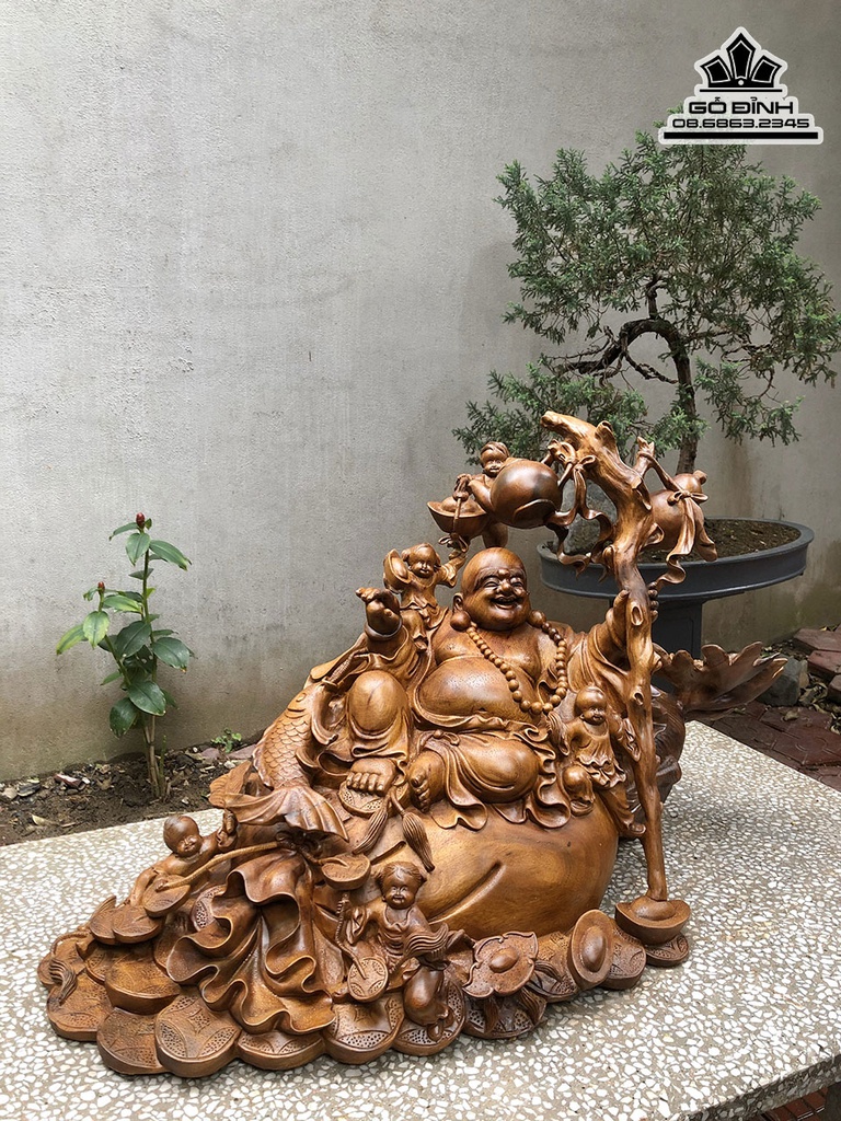 Tương Phật Di Lặc Ngôi Bao Tiền Gỗ Bách Xanh Cao 55 Ngang 90 Sâu 45 (cm) 3