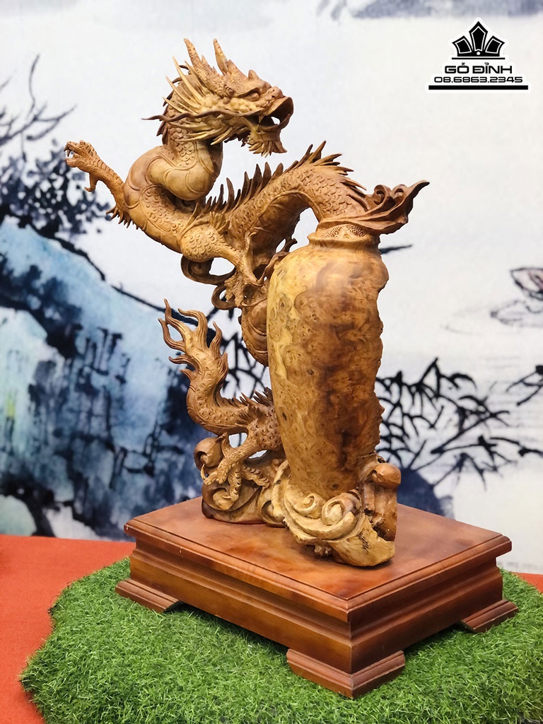 Tượng Nhất Long Quấn Chum Gỗ Nu Hương Cao 61 Ngang 48 Sâu 24 Cả Kỷ 72 (cm) 0