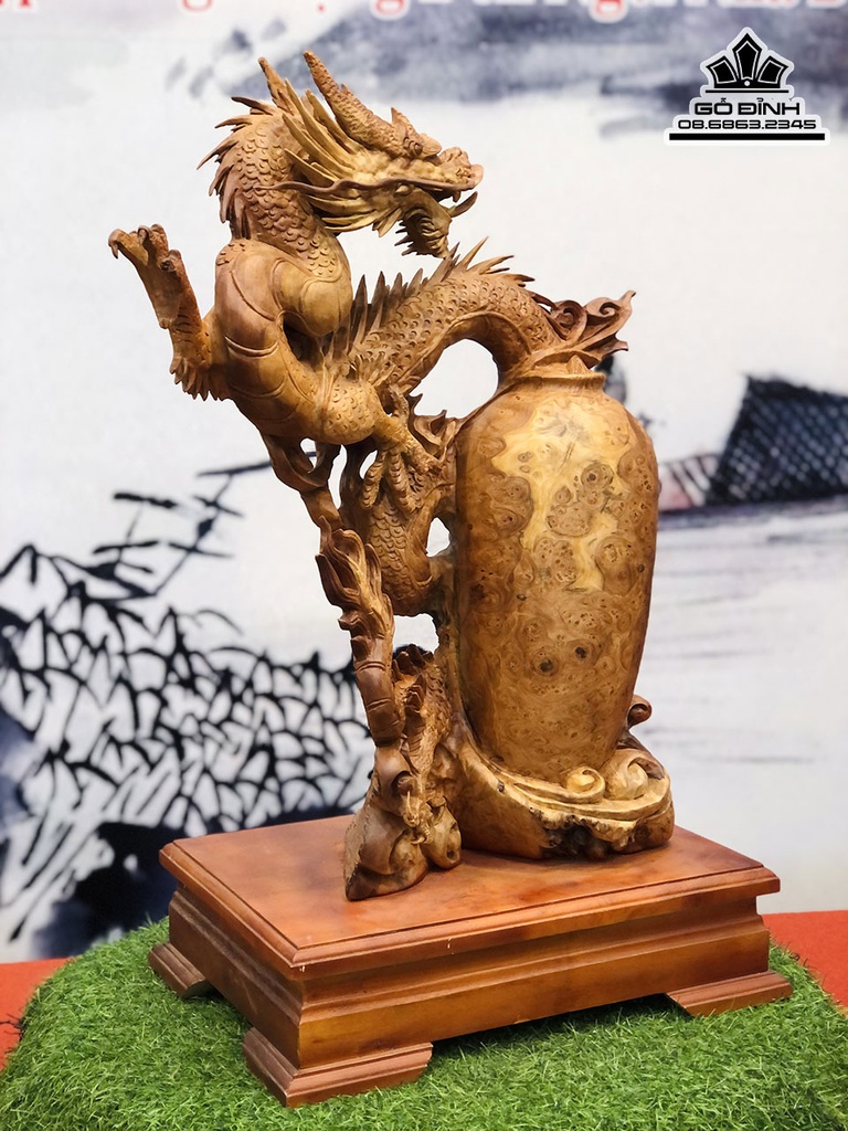 Tượng Nhất Long Quấn Chum Gỗ Nu Hương Cao 61 Ngang 48 Sâu 24 Cả Kỷ 72 (cm) 3