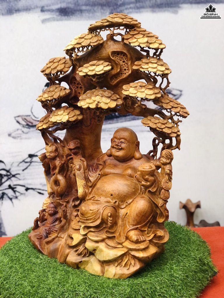 Tượng Phật Di Lặc Ngồi Gốc Tùng Gỗ Hương Cao 71 Ngang 55 Sâu 32 (cm) 3