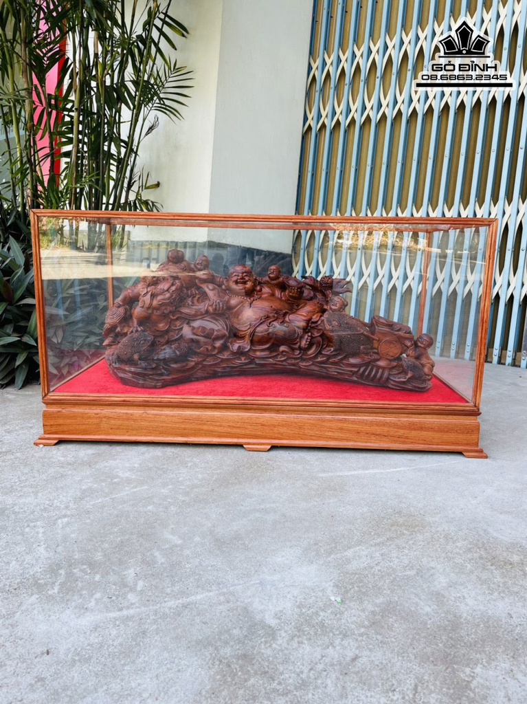 Tượng Phật Di Lặc Ngũ Phúc Gỗ Sưa Cao 30 Ngang 76 Sâu 35 Cả Tủ 50 (cm) 0