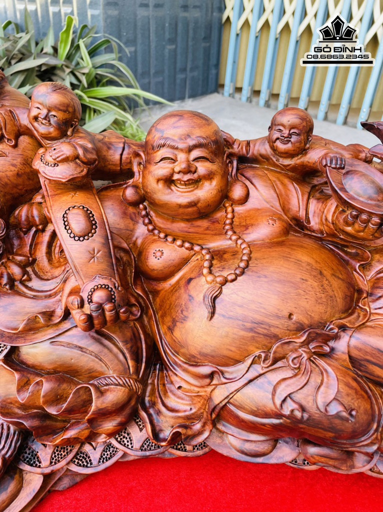 Tượng Phật Di Lặc Ngũ Phúc Gỗ Sưa Cao 30 Ngang 76 Sâu 35 Cả Tủ 50 (cm) 1