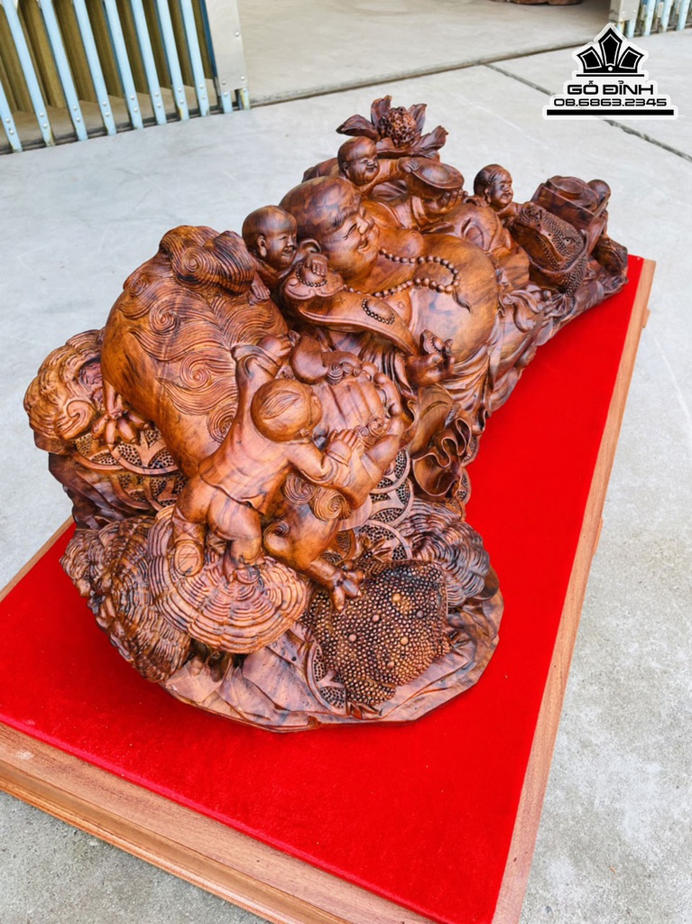 Tượng Phật Di Lặc Ngũ Phúc Gỗ Sưa Cao 30 Ngang 76 Sâu 35 Cả Tủ 50 (cm) 2