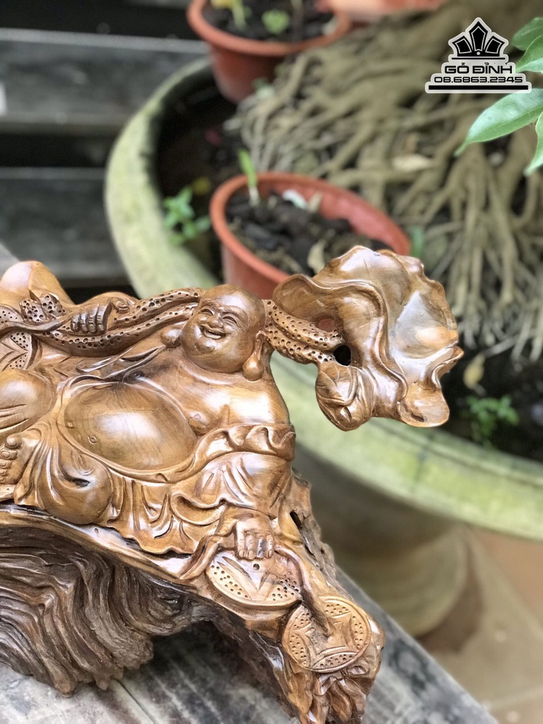 Tượng Phật Di Lặc Vác Lá Sen Gỗ Bách Xanh Cao 39 Ngang 42 Sâu 29 (cm) 0