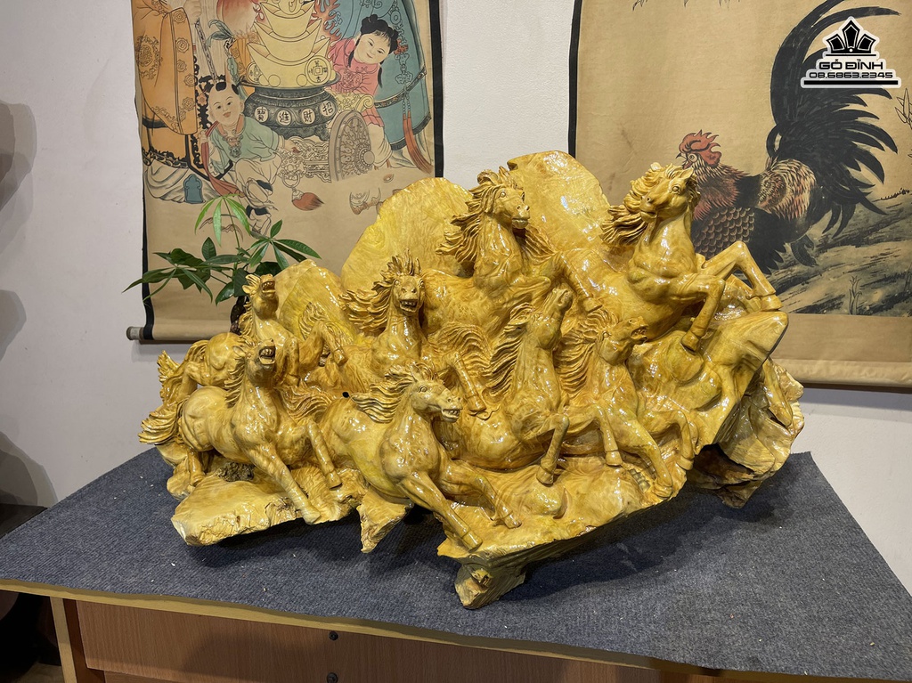 Tượng Ngựa Phong Thủy (Bát Mã) Gỗ Nu Kháo Cao 45 Ngang 88 Sâu 26 (cm) 1