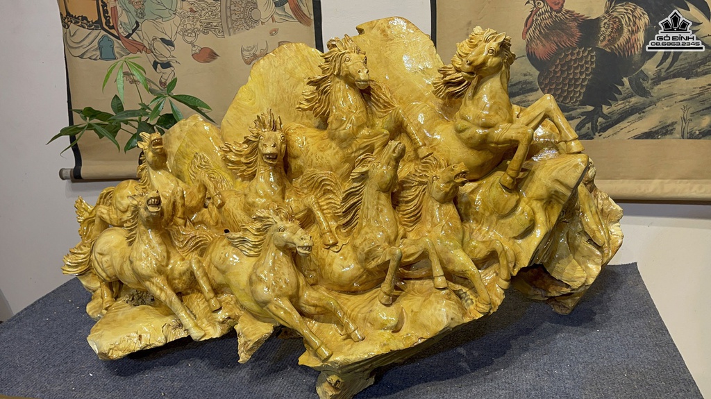 Tượng Ngựa Phong Thủy (Bát Mã) Gỗ Nu Kháo Cao 45 Ngang 88 Sâu 26 (cm) 2