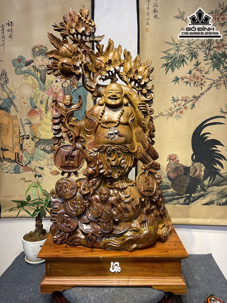 Tương Phật Di Lặc Vác Cành Đào Gỗ Bách Xanh Cao 85 Ngang 48 Sâu 30 (cm) 0