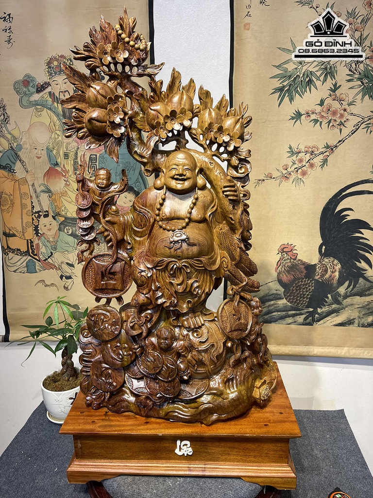 Tương Phật Di Lặc Vác Cành Đào Gỗ Bách Xanh Cao 85 Ngang 48 Sâu 30 (cm)