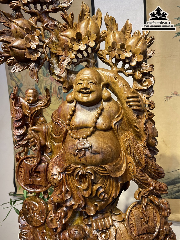 Tương Phật Di Lặc Vác Cành Đào Gỗ Bách Xanh Cao 85 Ngang 48 Sâu 30 (cm) 5