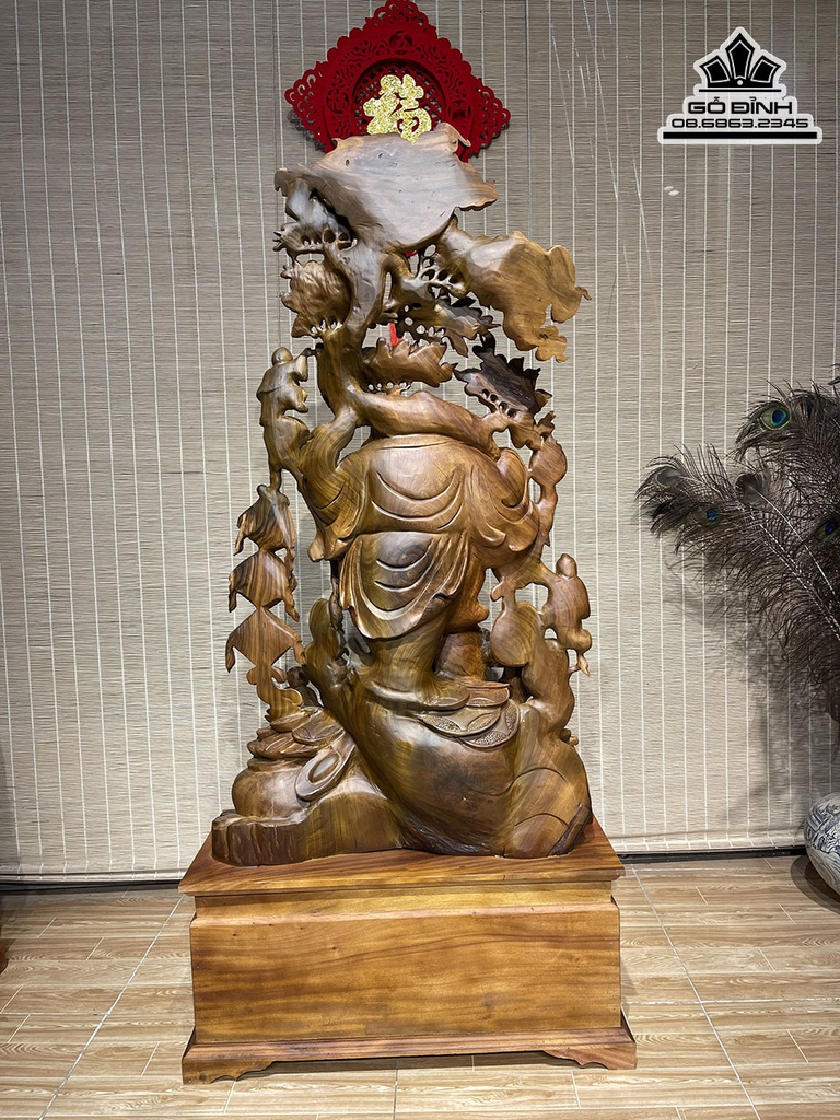 Tượng Phật Di Lặc Vác Cành Đào Gỗ Bách Xanh Cao 109 Ngang 58 Sâu 26 (cm) 8