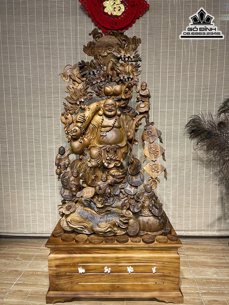 Tượng Phật Di Lặc Vác Cành Đào Gỗ Bách Xanh Cao 109 Ngang 58 Sâu 26 (cm) 9