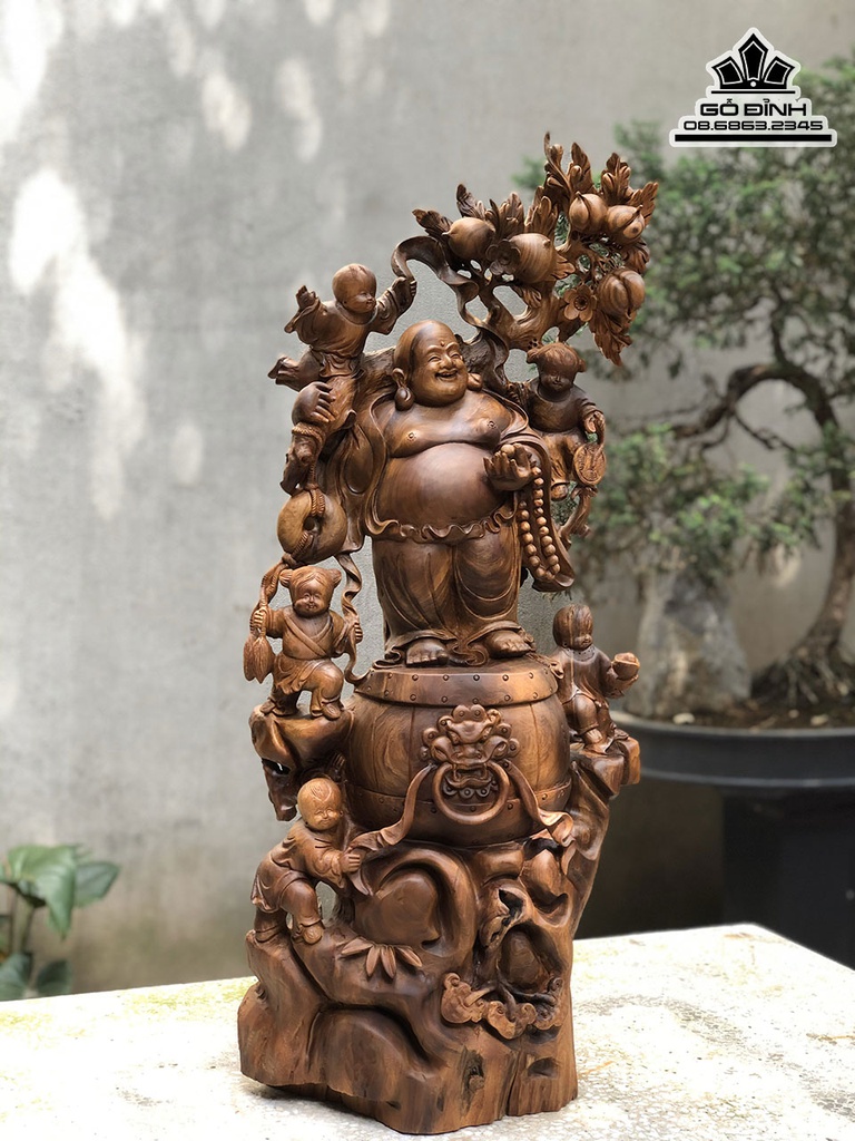 Tượng Phật Di Lặc Vác Cành Đào Gỗ Bách Xanh Cao 85 Ngang 38 Sâu 23 (cm) 0