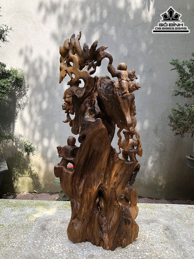 Tượng Phật Di Lặc Vác Cành Đào Gỗ Bách Xanh Cao 85 Ngang 38 Sâu 23 (cm) 3