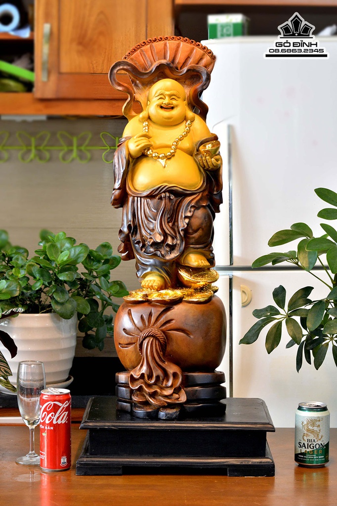 Tương Phật Di Lặc Đứng Bao Tiền Gỗ Bách Xanh Cao 83 Ngang 23 Sâu 20 (cm) 1