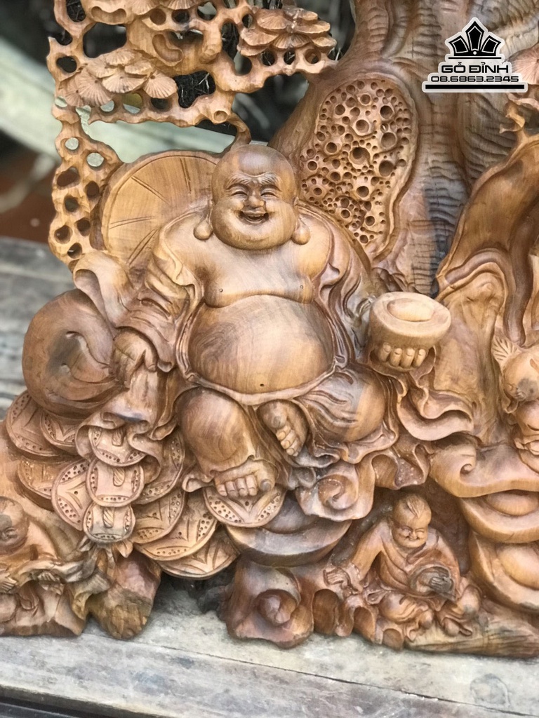 Tượng Phật Di Lặc Ngồi Gốc Tùng Gỗ Bách Xanh Cao 87 Ngang 48 Sâu 35 (cm) 2