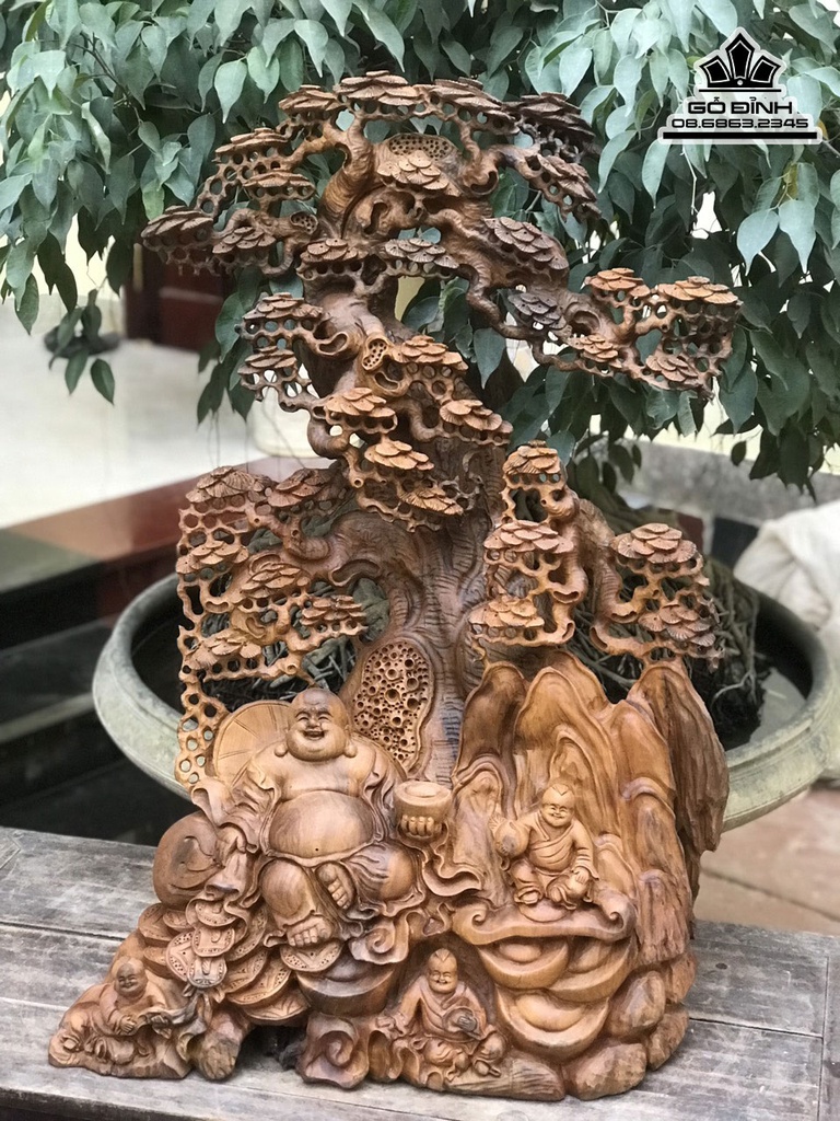 Tượng Phật Di Lặc Ngồi Gốc Tùng Gỗ Bách Xanh Cao 87 Ngang 48 Sâu 35 (cm)4