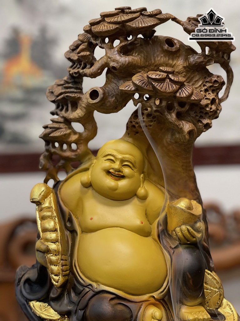 Tượng Phật Di Lặc Ngồi Gốc Tùng Gỗ Bách Xanh Cao 38 Ngang 23 Sâu 20 (cm) 0