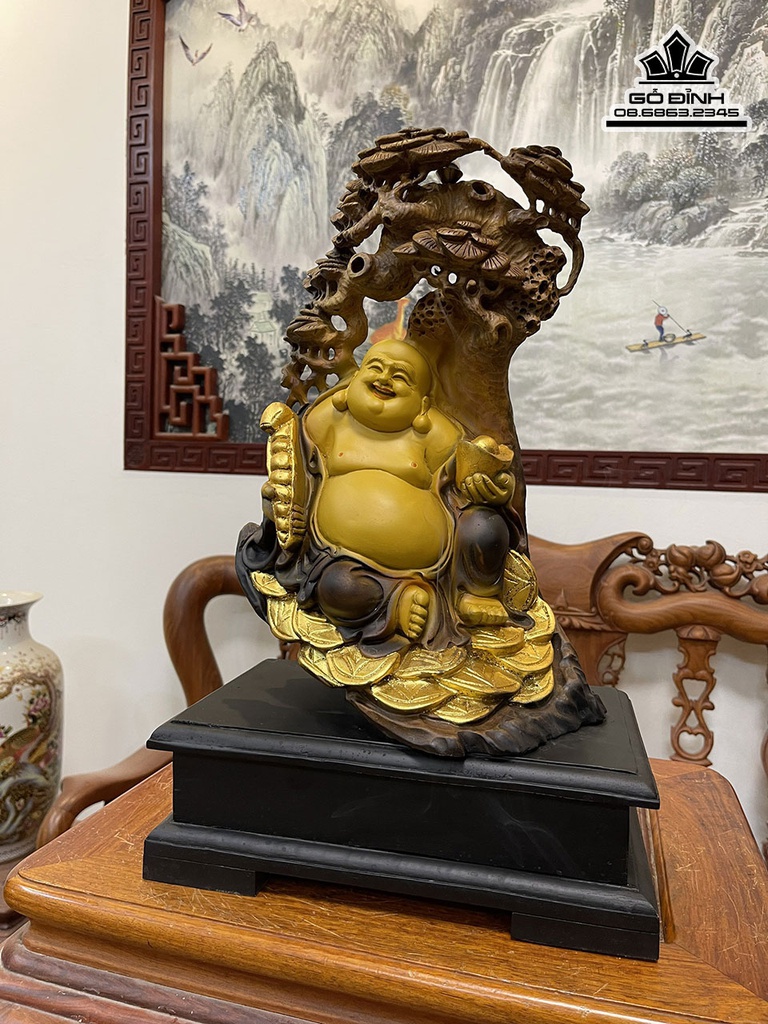 Tượng Phật Di Lặc Ngồi Gốc Tùng Gỗ Bách Xanh Cao 38 Ngang 23 Sâu 20 (cm) 2