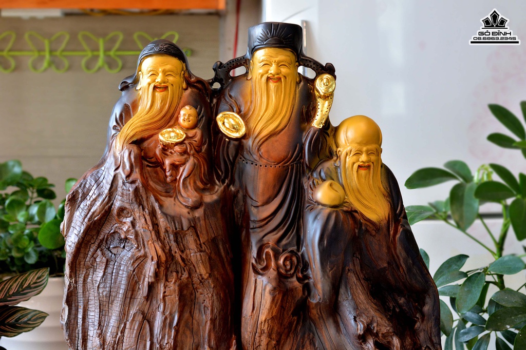 Tượng Phúc Lộc Thọ (Tam Đa) Gỗ Bách Xanh Cao 63 Ngang 45 Sâu 18 (cm) 1