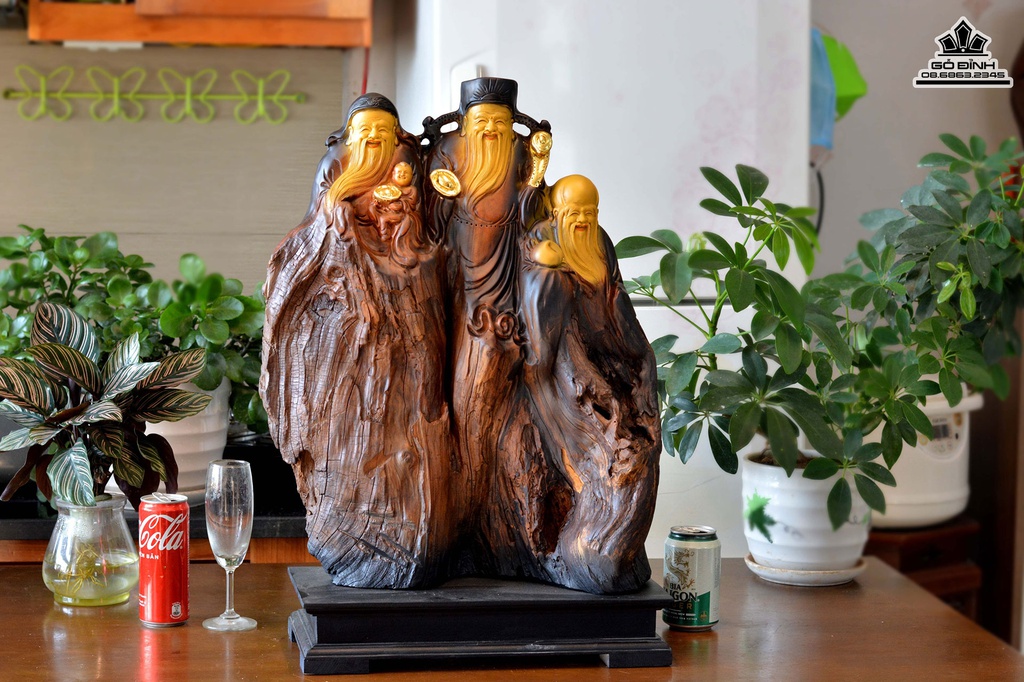 Tượng Phúc Lộc Thọ (Tam Đa) Gỗ Bách Xanh Cao 63 Ngang 45 Sâu 18 (cm) 3