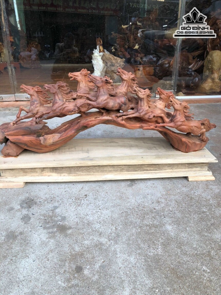 Tượng Ngựa Phong Thủy (Bát Mã) Gỗ Hương Cao 34 Ngang 85 Sâu 21 Cả Kỷ 44 (cm) 0