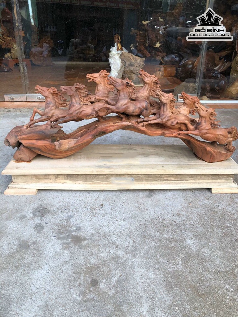Tượng Ngựa Phong Thủy (Bát Mã) Gỗ Hương Cao 34 Ngang 85 Sâu 21 Cả Kỷ 44 (cm) 2