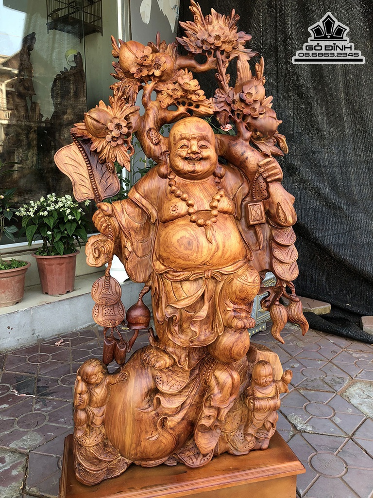 Tượng Phật Di Lặc Vác Cành Đào Gỗ Hương Cao 110 Ngang 47 Sâu 22 (cm) 1