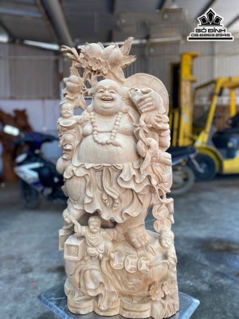 Tượng Phật Di Lặc Vác Đào Gỗ Ngọc Am Cao 85 Ngang 40 Sâu 25 (cm) 2