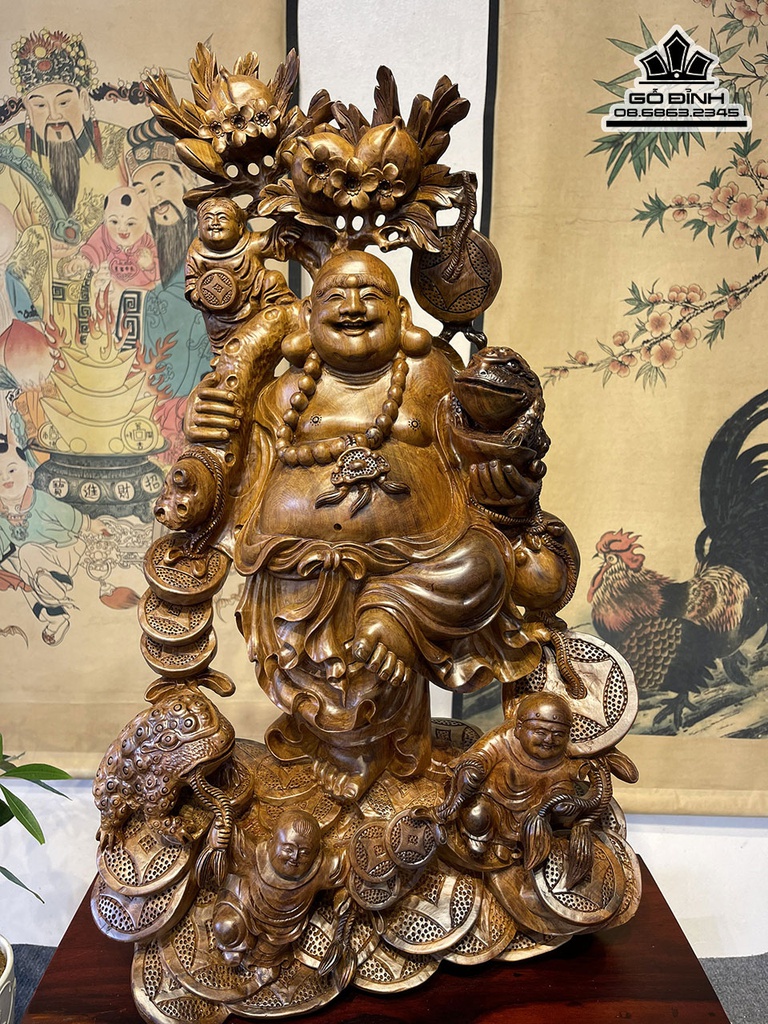 Tượng Phật Di Lặc Vác Cành Đào Gỗ Bách Xanh Cao 68 Ngang 40 Sâu 23 (cm) 3