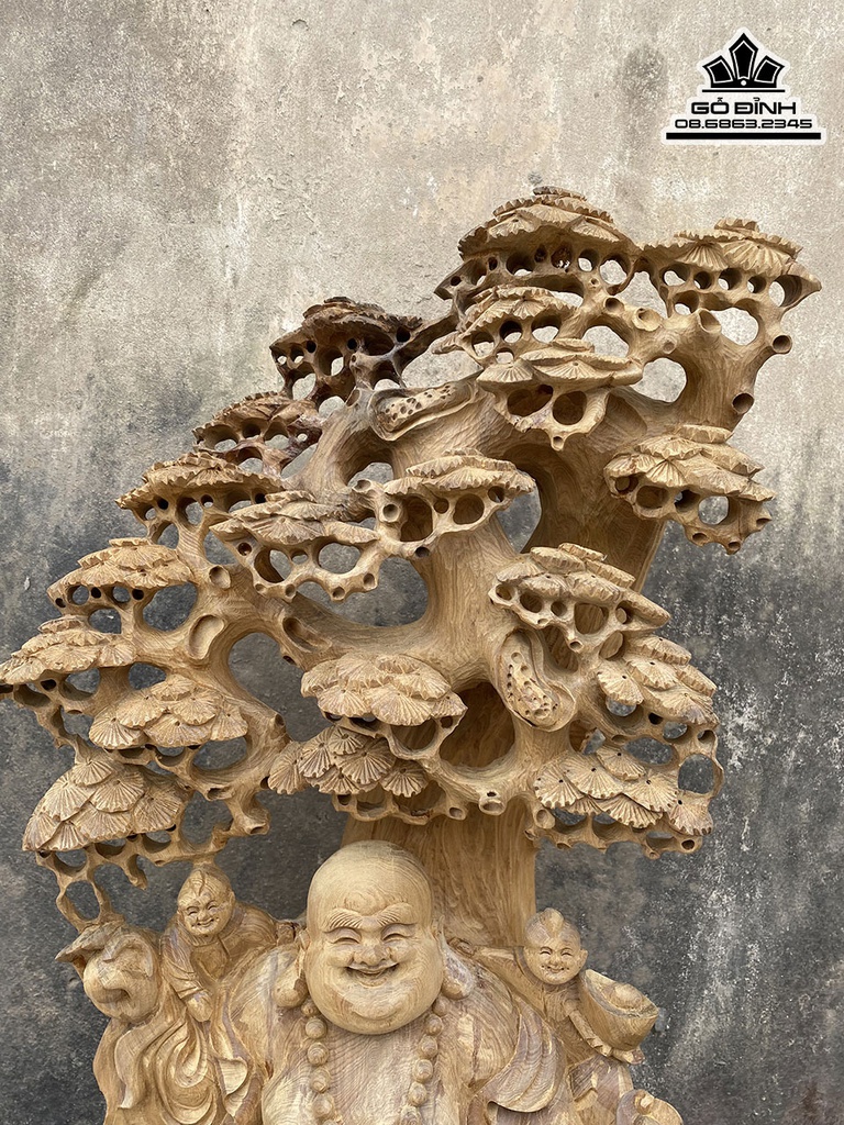 Tượng Phật Di Lặc Ngồi Gốc Tùng Gỗ Bách Xanh Cao 75 Ngang 36 Sâu 23 (cm) 1