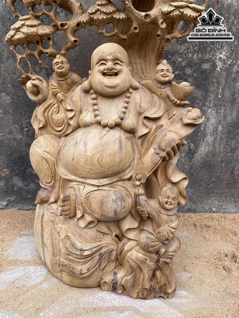 Tượng Phật Di Lặc Ngồi Gốc Tùng Gỗ Bách Xanh Cao 75 Ngang 36 Sâu 23 (cm) 3