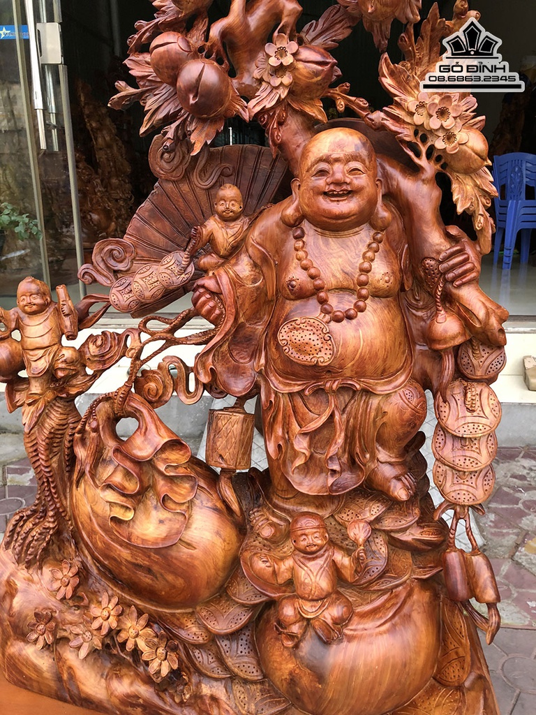 Tượng Phật Di Lặc Vác Cành Đào Gỗ Hương Cao 115 Ngang 72 Sâu 29 Cả Kỷ 136 (cm) 1