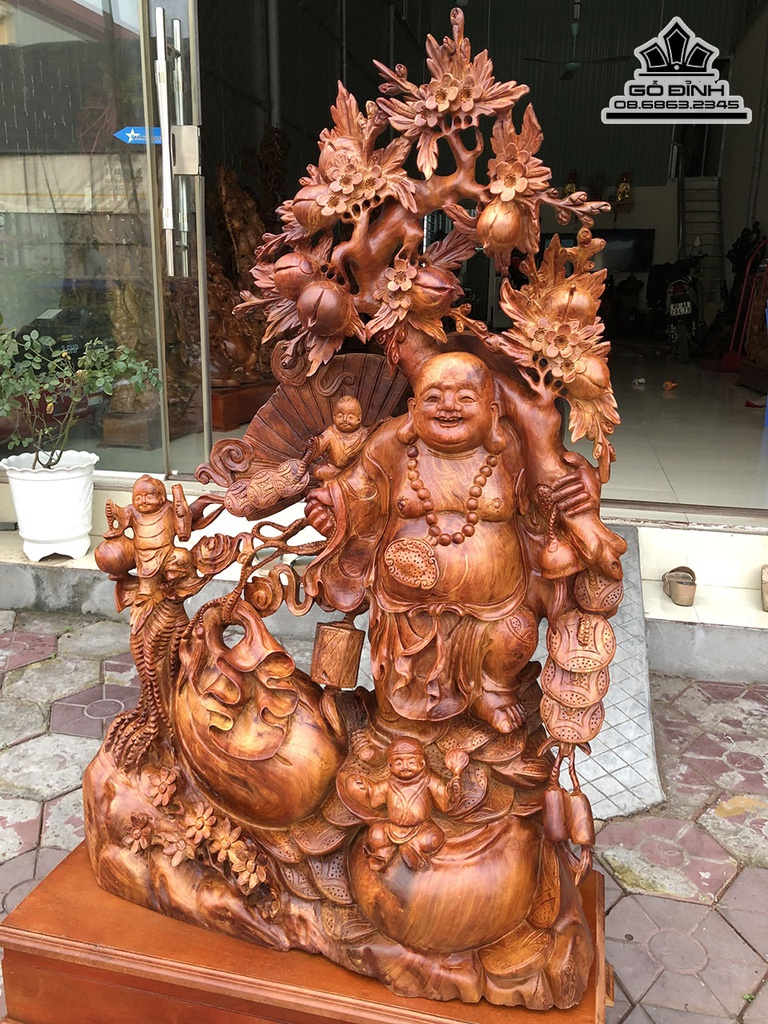 Tượng Phật Di Lặc Vác Cành Đào Gỗ Hương Cao 115 Ngang 72 Sâu 29 Cả Kỷ 136 (cm) 2